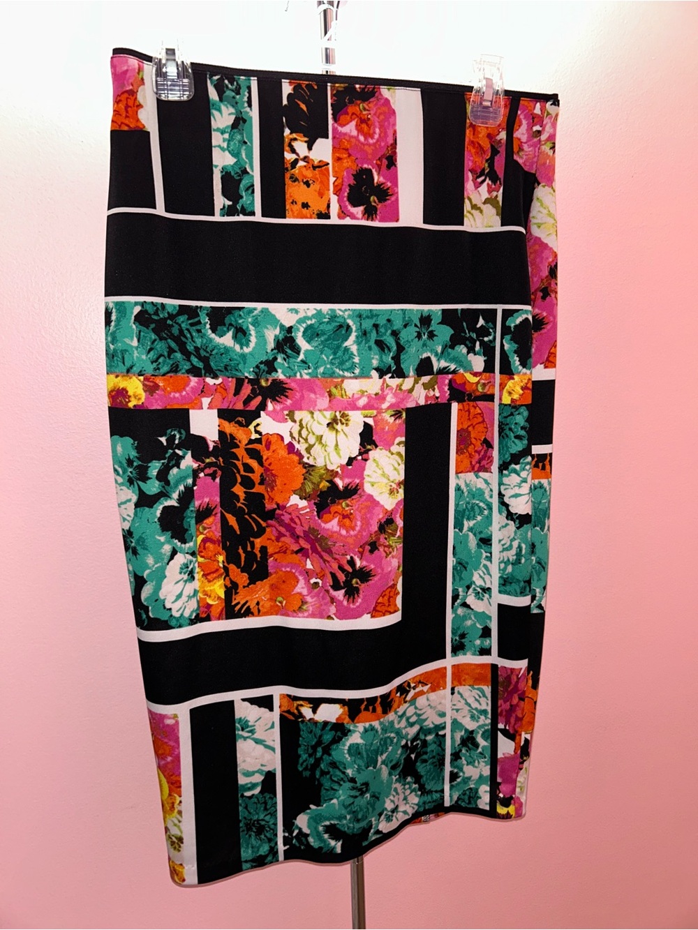 Bisou Bisou Black Floral Patchwork Pencil Skirt with Teal, Pink & Orange Accents